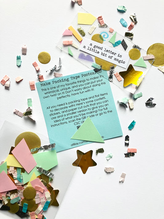 mail club contents for packing tape postcards