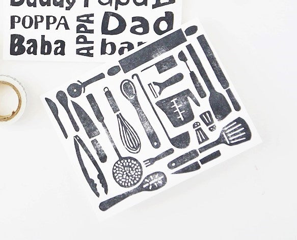 MOVING SALE Kitchen Utensils Block Printed Card