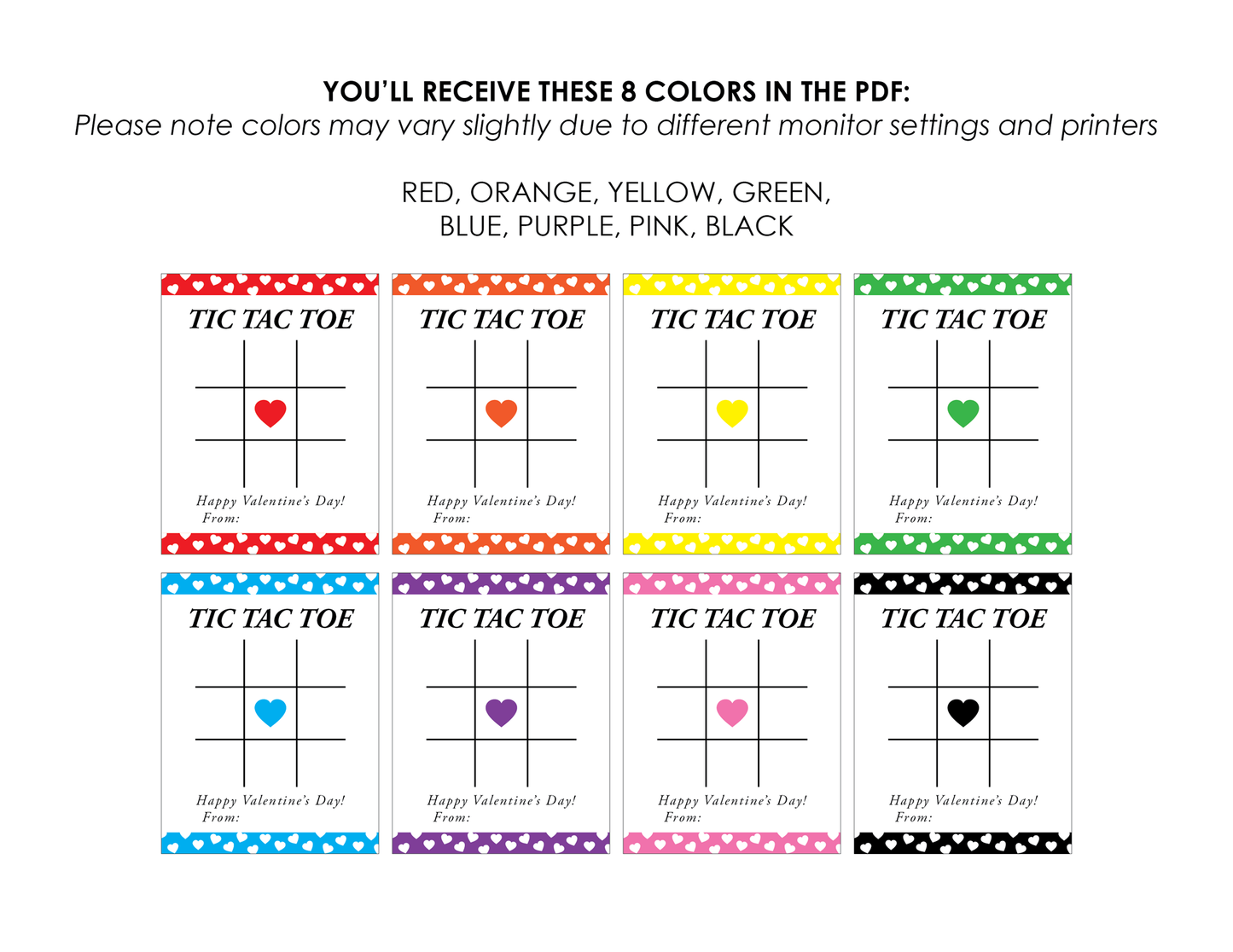 Tic Tac Toe Classroom Valentine Card, Heart Design - Includes 8 Colors, Digital Download, PDF Only