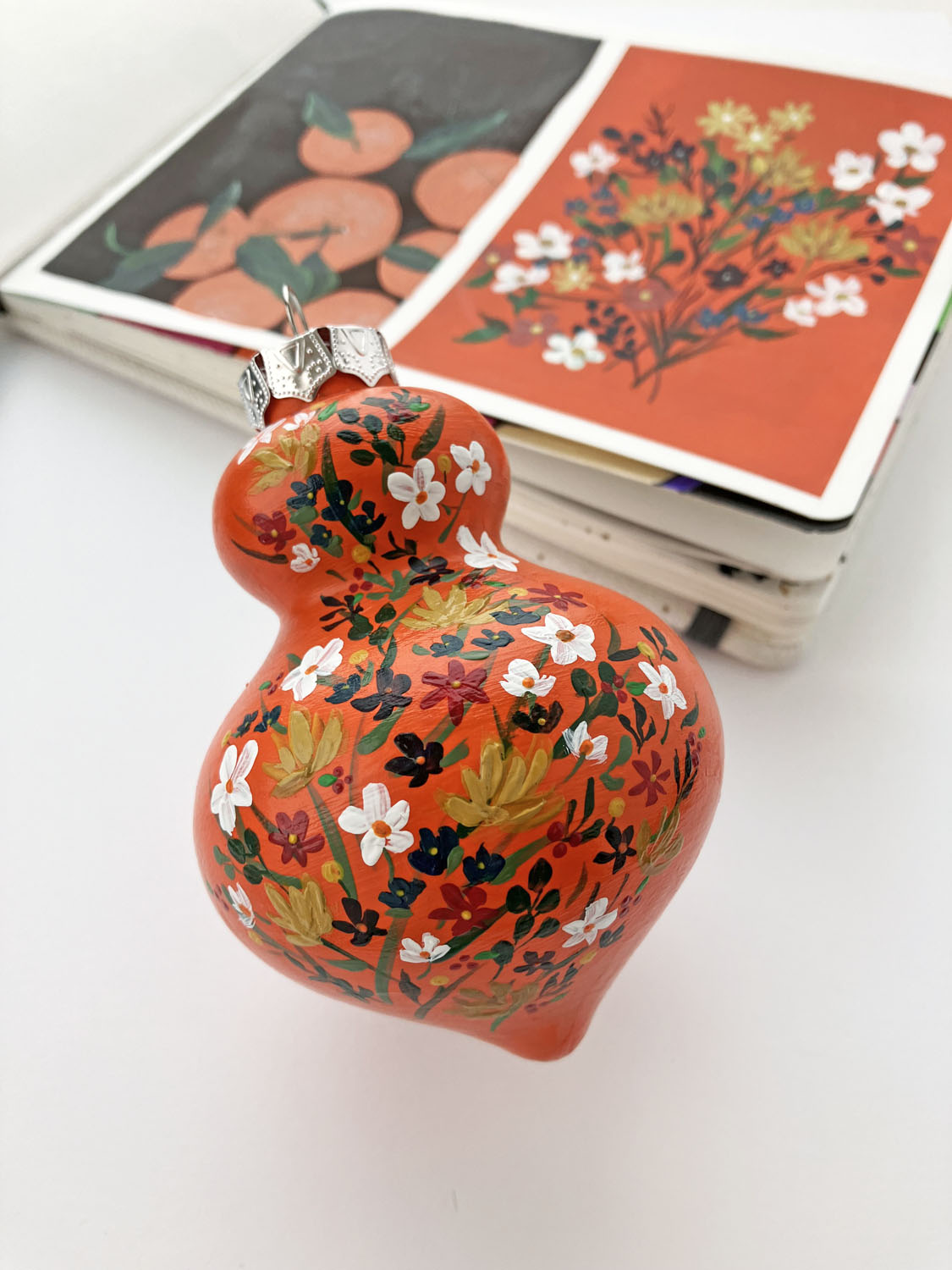 Hand Painted Ceramic Ornament #8 - Wildflowers, Orange Finial Ornament