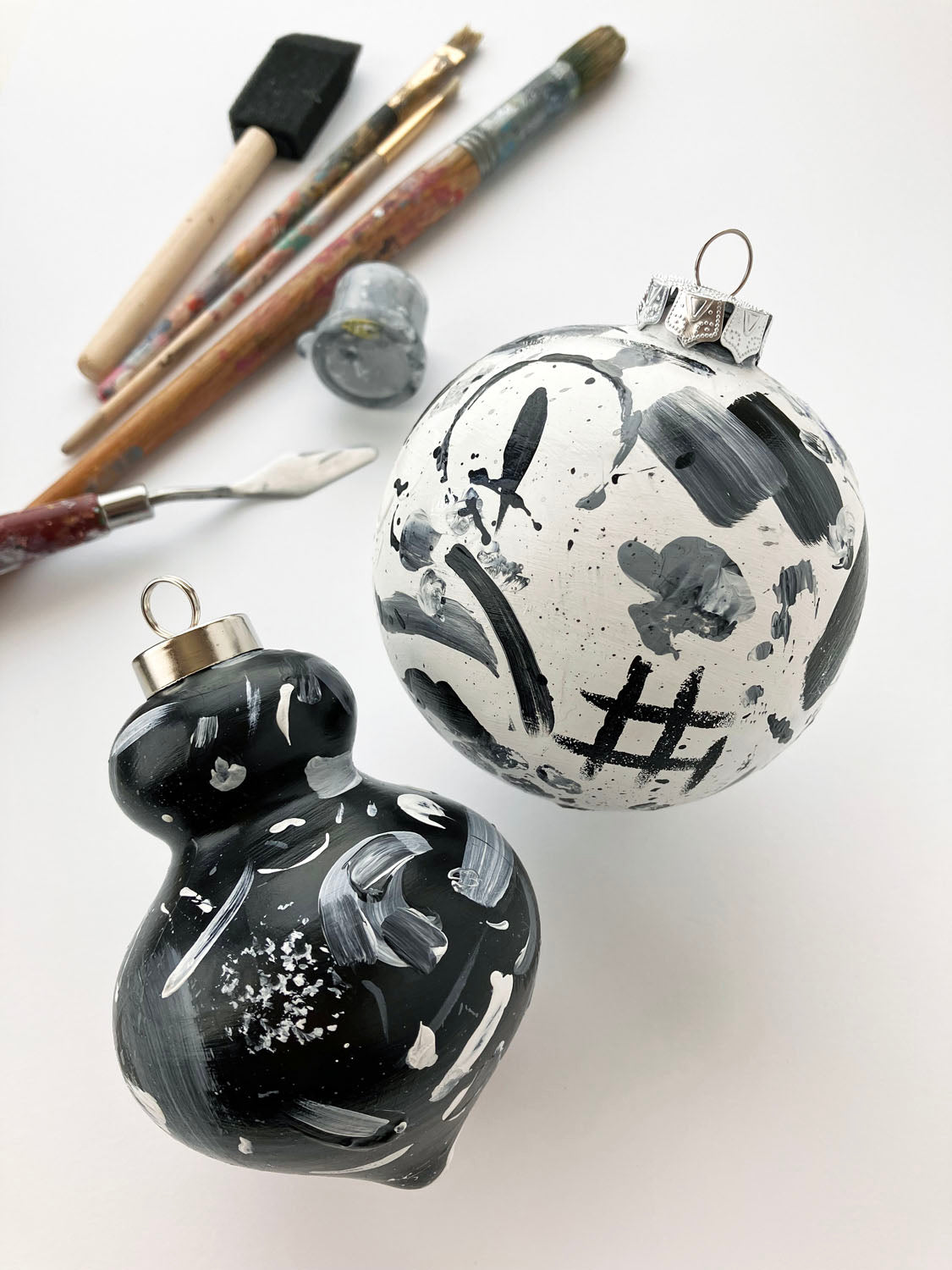 Hand Painted Ceramic Ornament #1 - Black & White Abstract, Round White Ornament