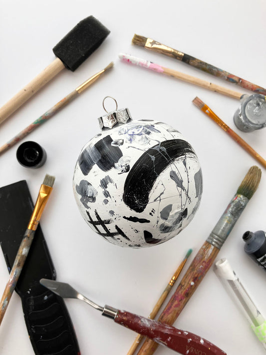 Hand Painted Ceramic Ornament #1 - Black & White Abstract, Round White Ornament