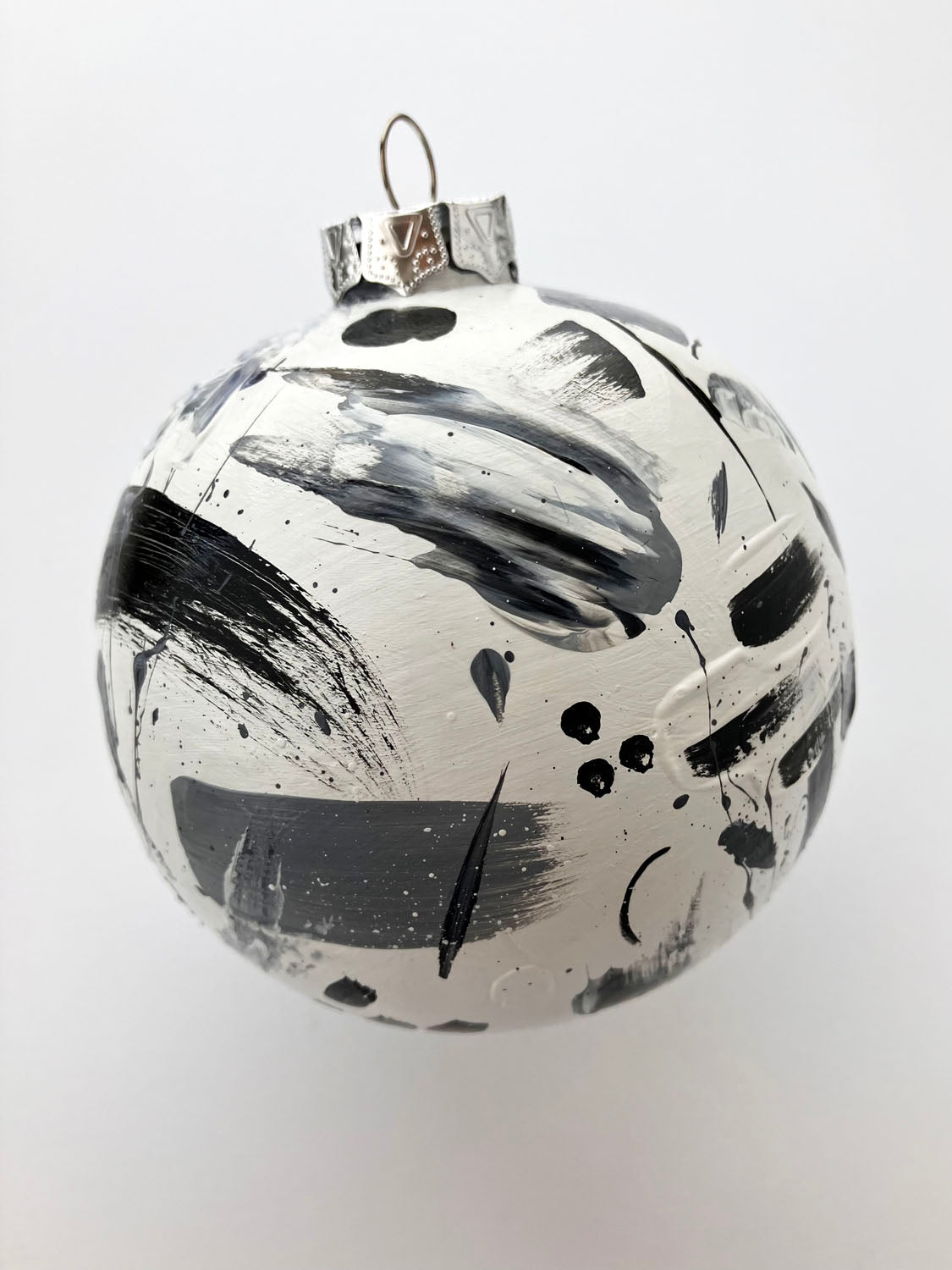 Hand Painted Ceramic Ornament #1 - Black & White Abstract, Round White Ornament