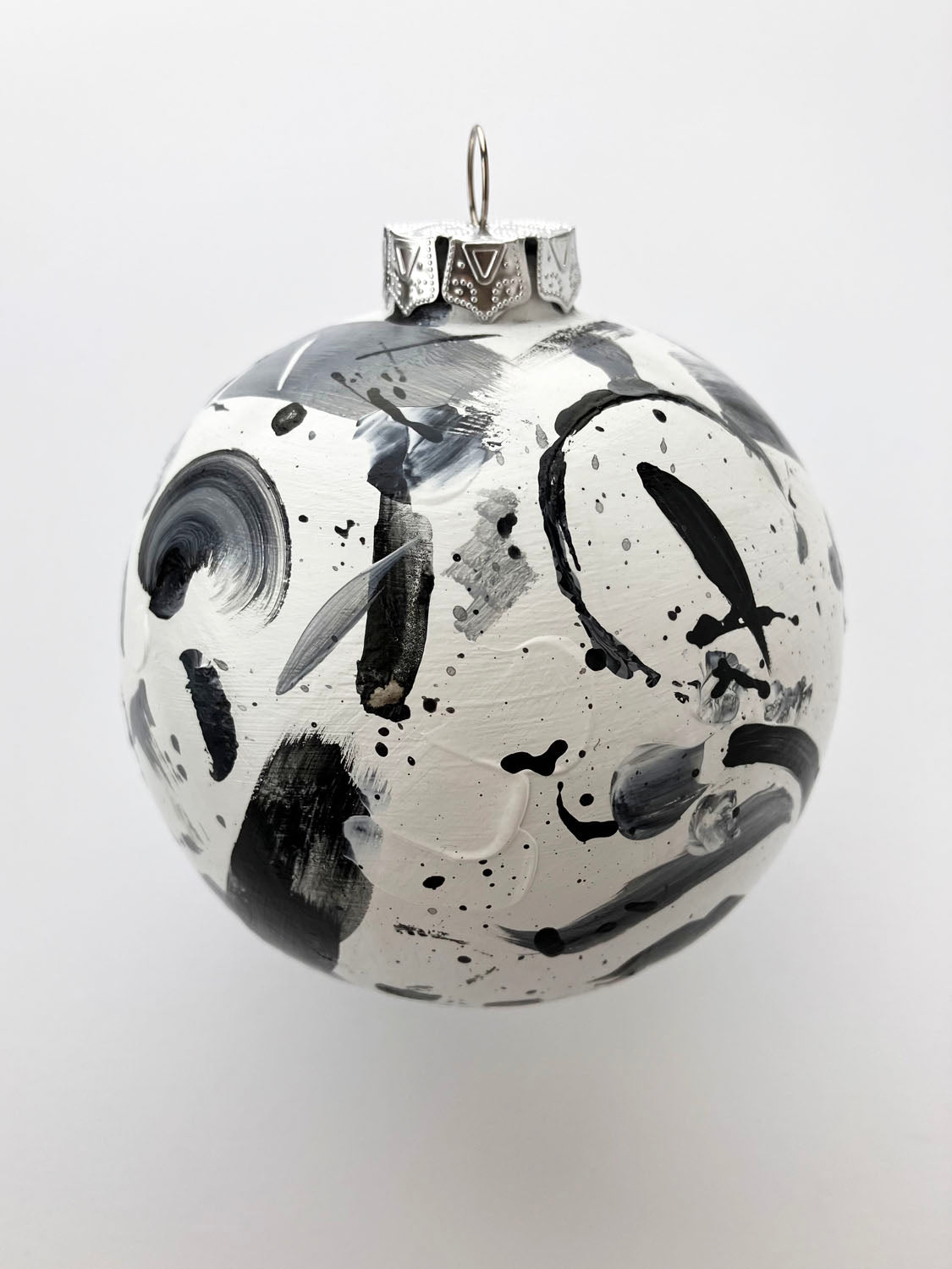 Hand Painted Ceramic Ornament #1 - Black & White Abstract, Round White Ornament