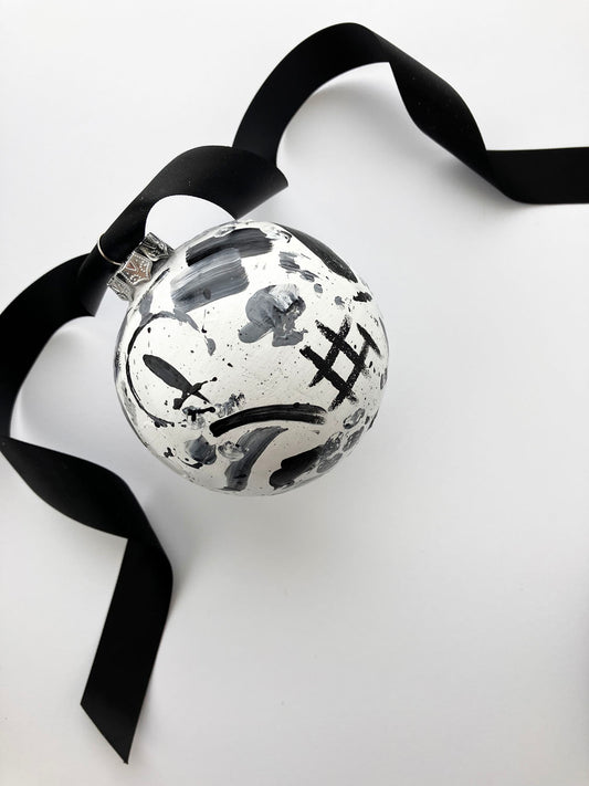 Hand Painted Ceramic Ornament #1 - Black & White Abstract, Round White Ornament