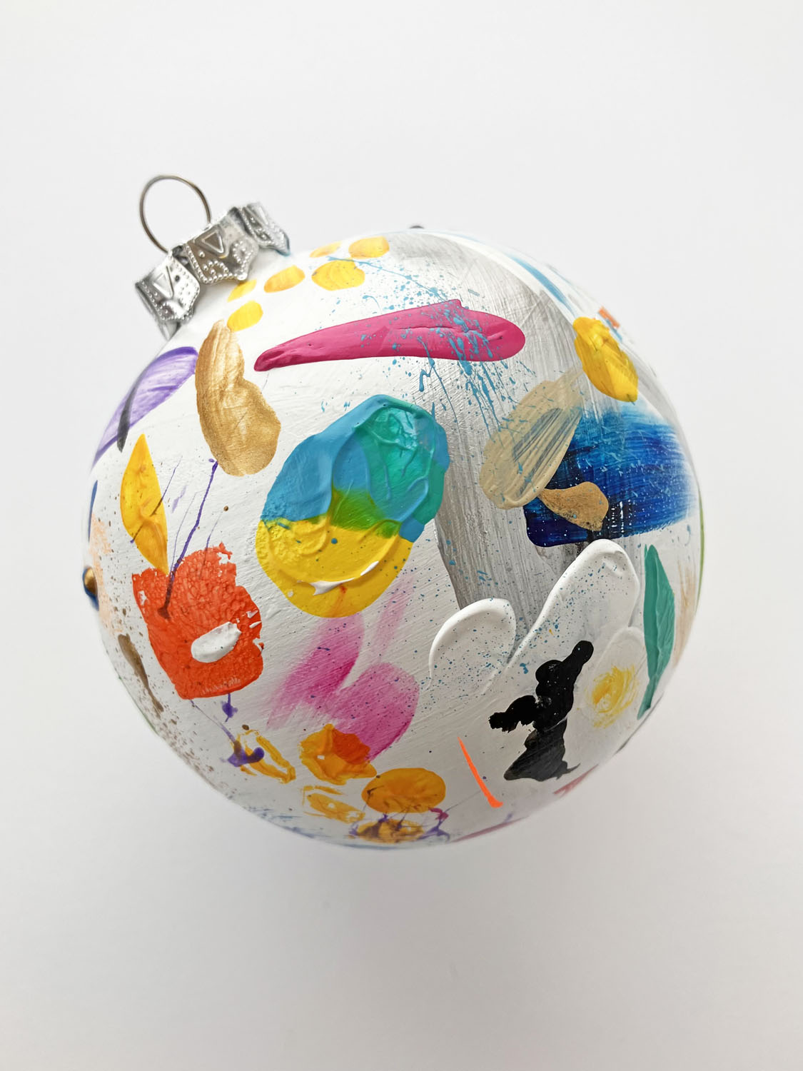 Hand Painted Ceramic Ornament #3 - Multicolor Abstract, White Round Ornament
