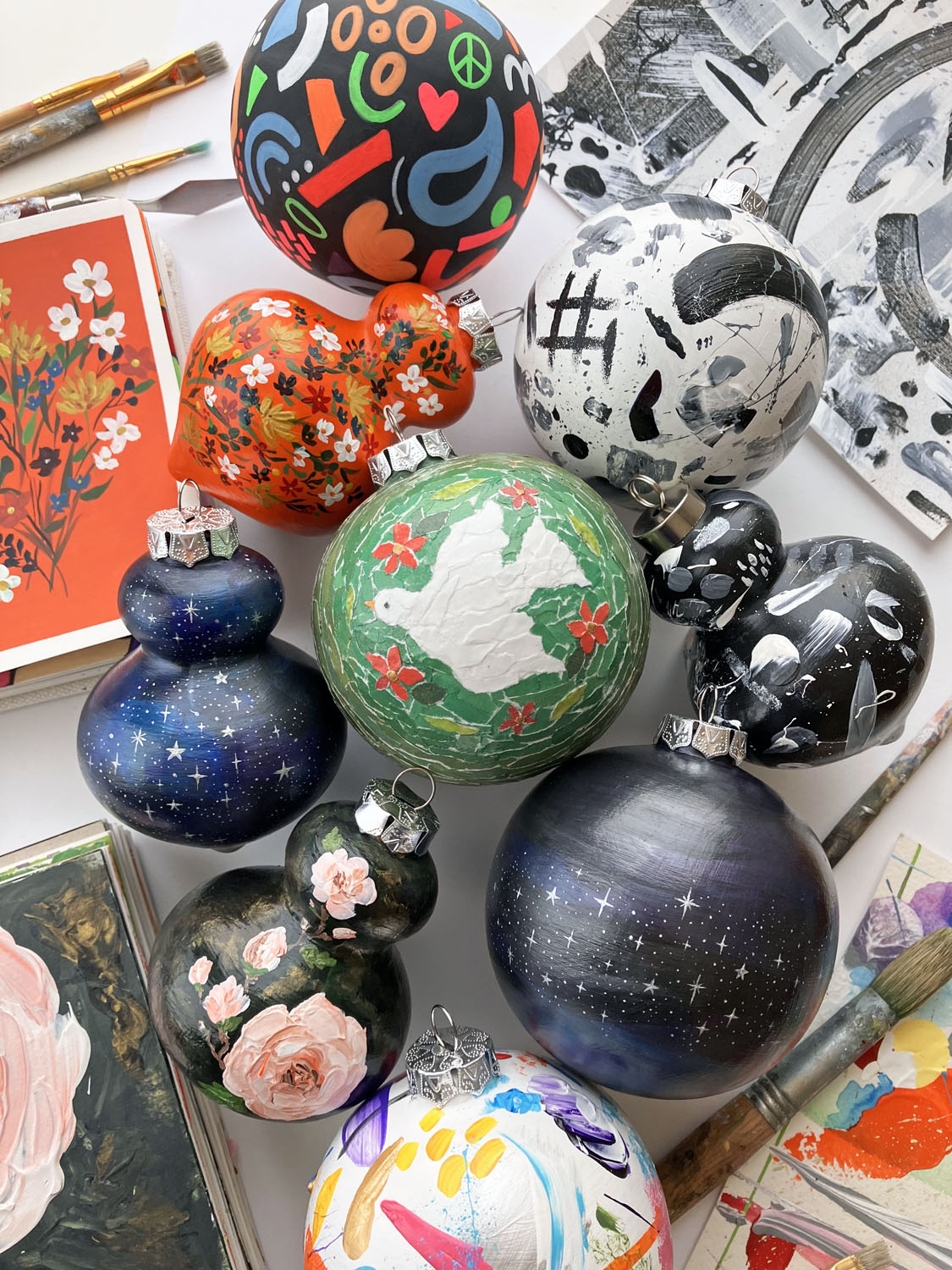 Hand Painted Ceramic Ornament #3 - Multicolor Abstract, White Round Ornament