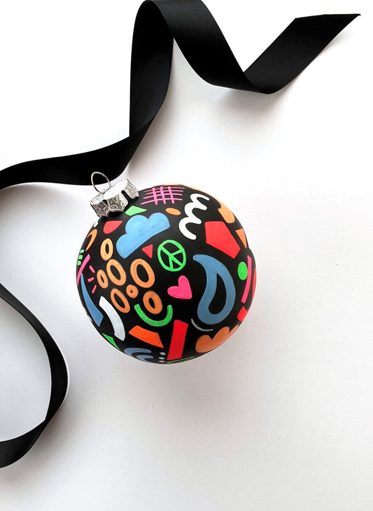 Hand Painted Ceramic Ornament #4 -Express Your Creativity, Black Round Ornament