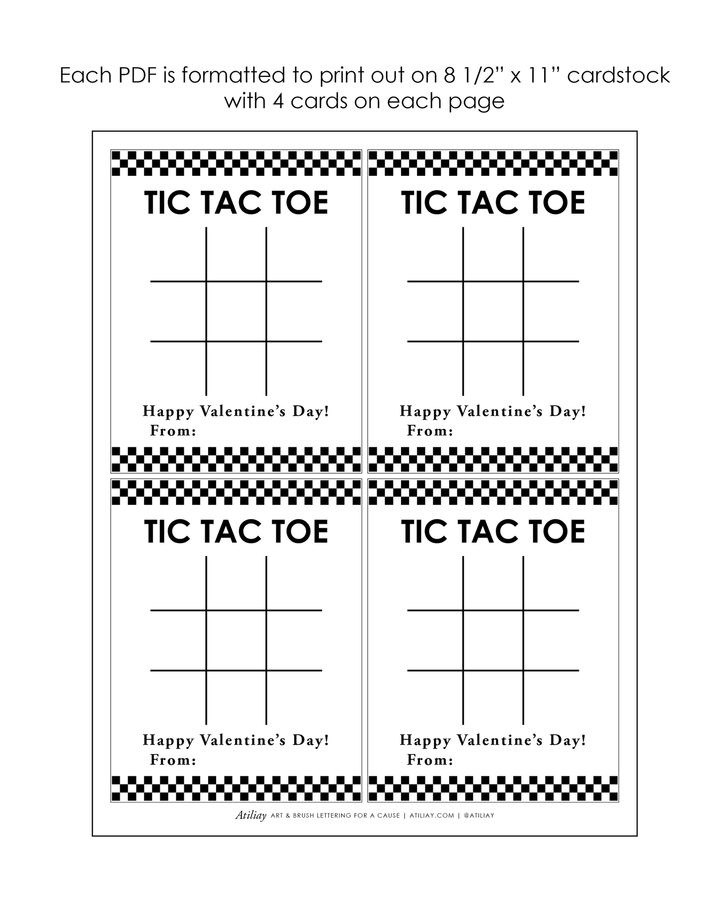 Tic Tac Toe Classroom Valentine Card, Checkered Design - Includes 8 Colors, Digital Download, PDF Only