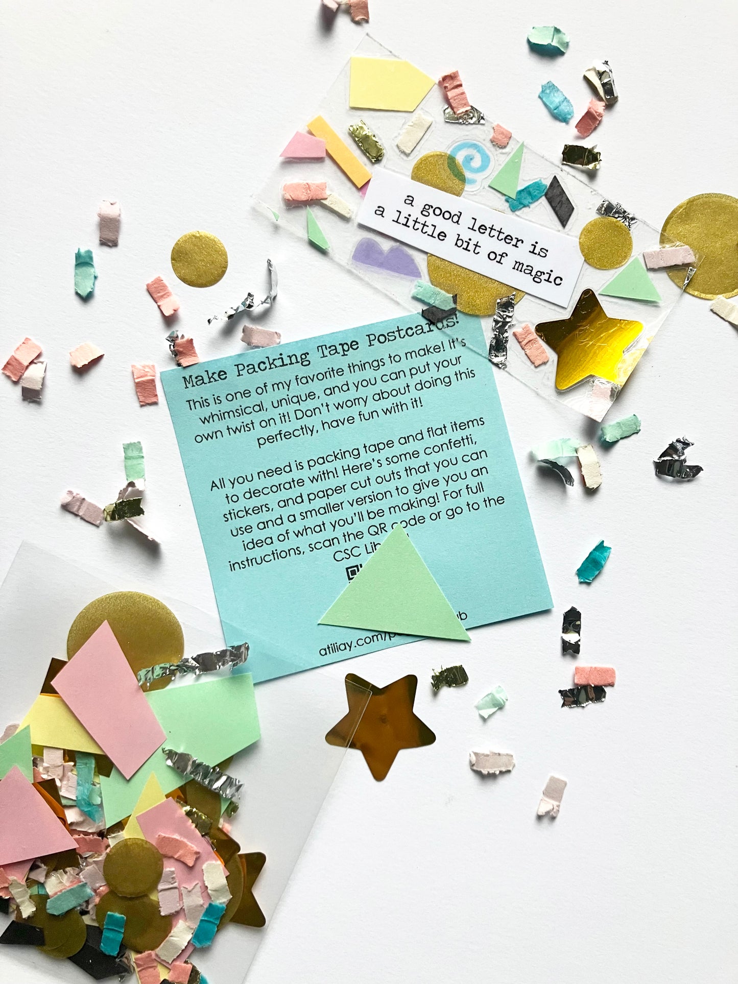 mail club contents for packing tape postcards