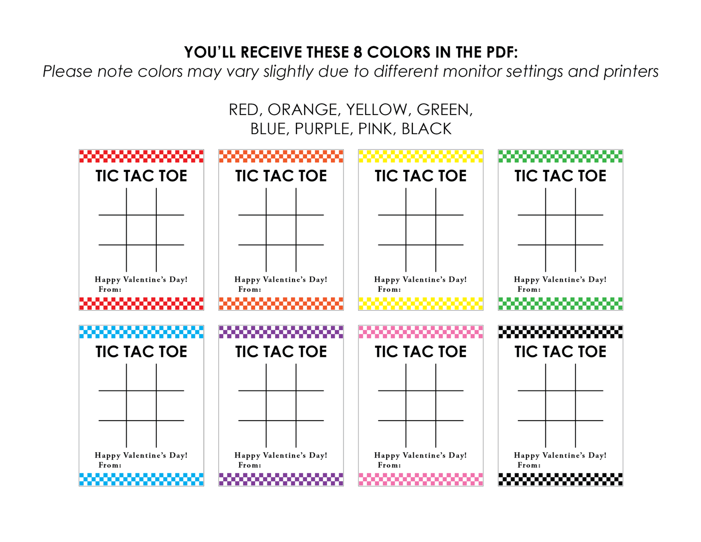 Tic Tac Toe Classroom Valentine Card, Checkered Design - Includes 8 Colors, Digital Download, PDF Only