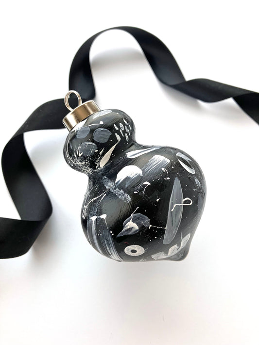 Hand Painted Ceramic Ornament #2 - Black & White Abstract, Black Finial Ornament
