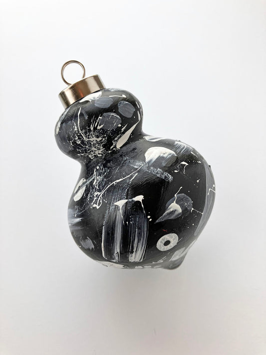 Hand Painted Ceramic Ornament #2 - Black & White Abstract, Black Finial Ornament