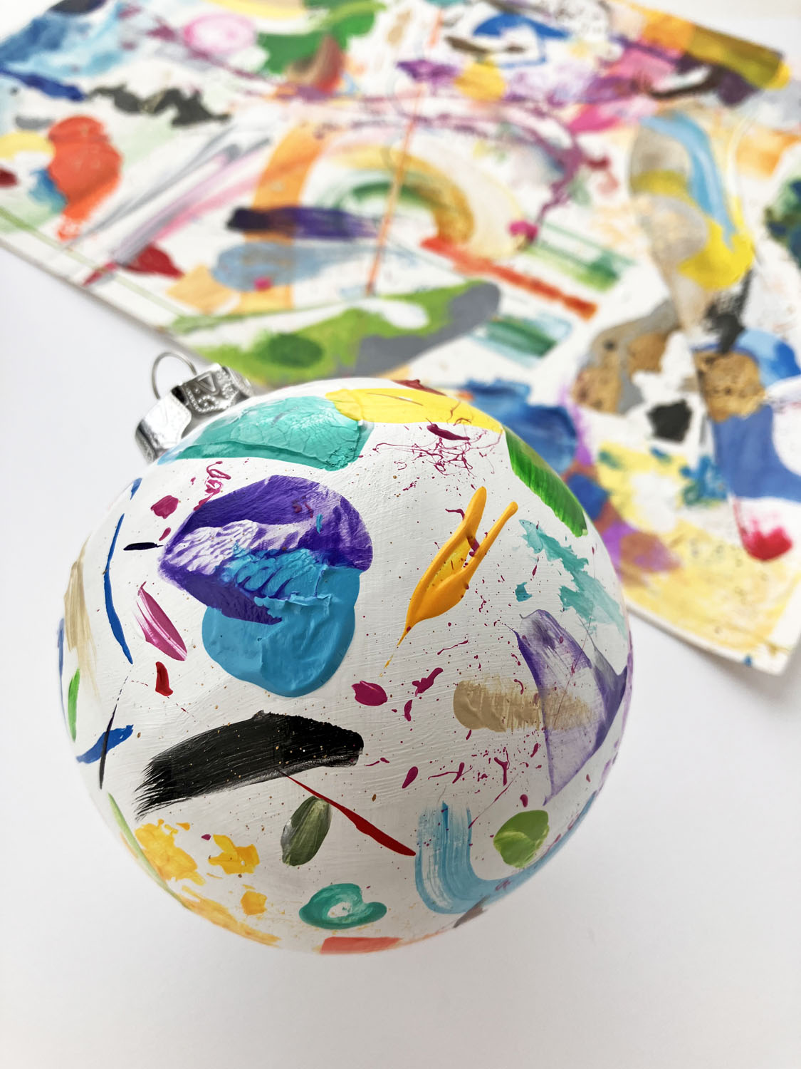 Hand Painted Ceramic Ornament #3 - Multicolor Abstract, White Round Ornament